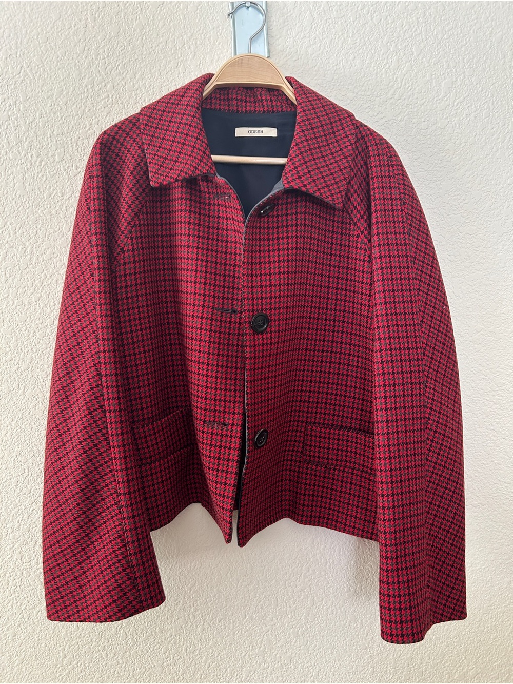 Odeeh red Houndstooth Virgin Wool jacket blazer with cute lining size 12 / 42